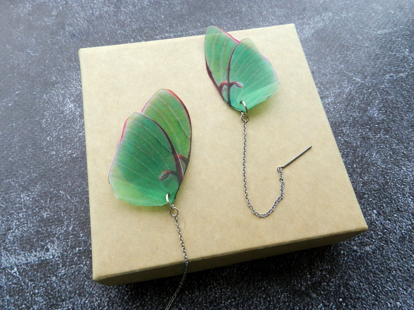 Luna moth wings drop long chain earrings