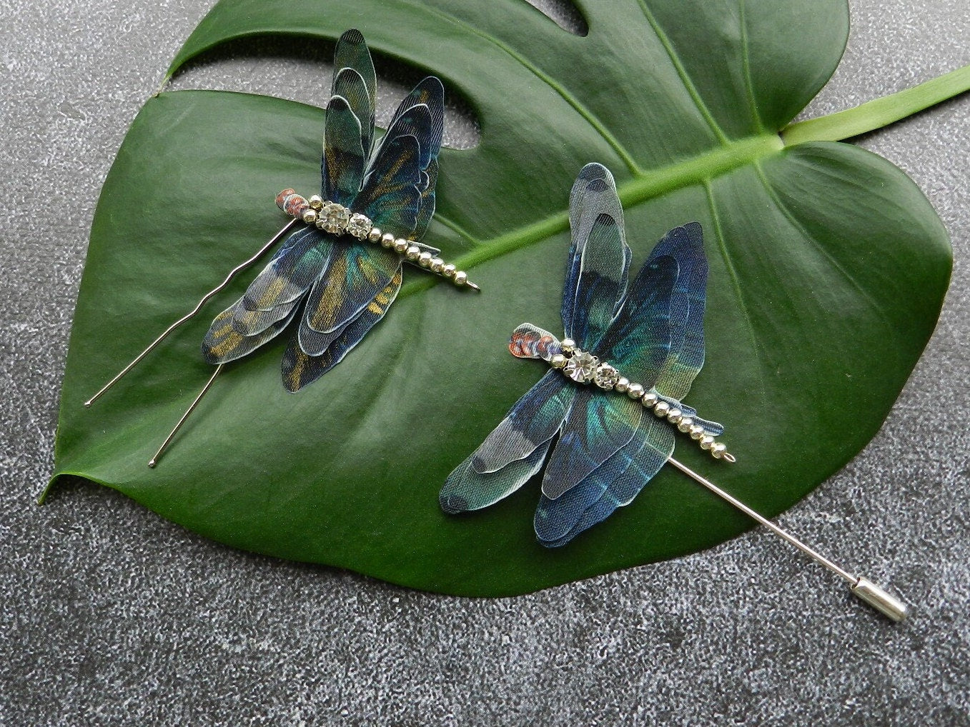 Silk dragonfly hair pin or brooch