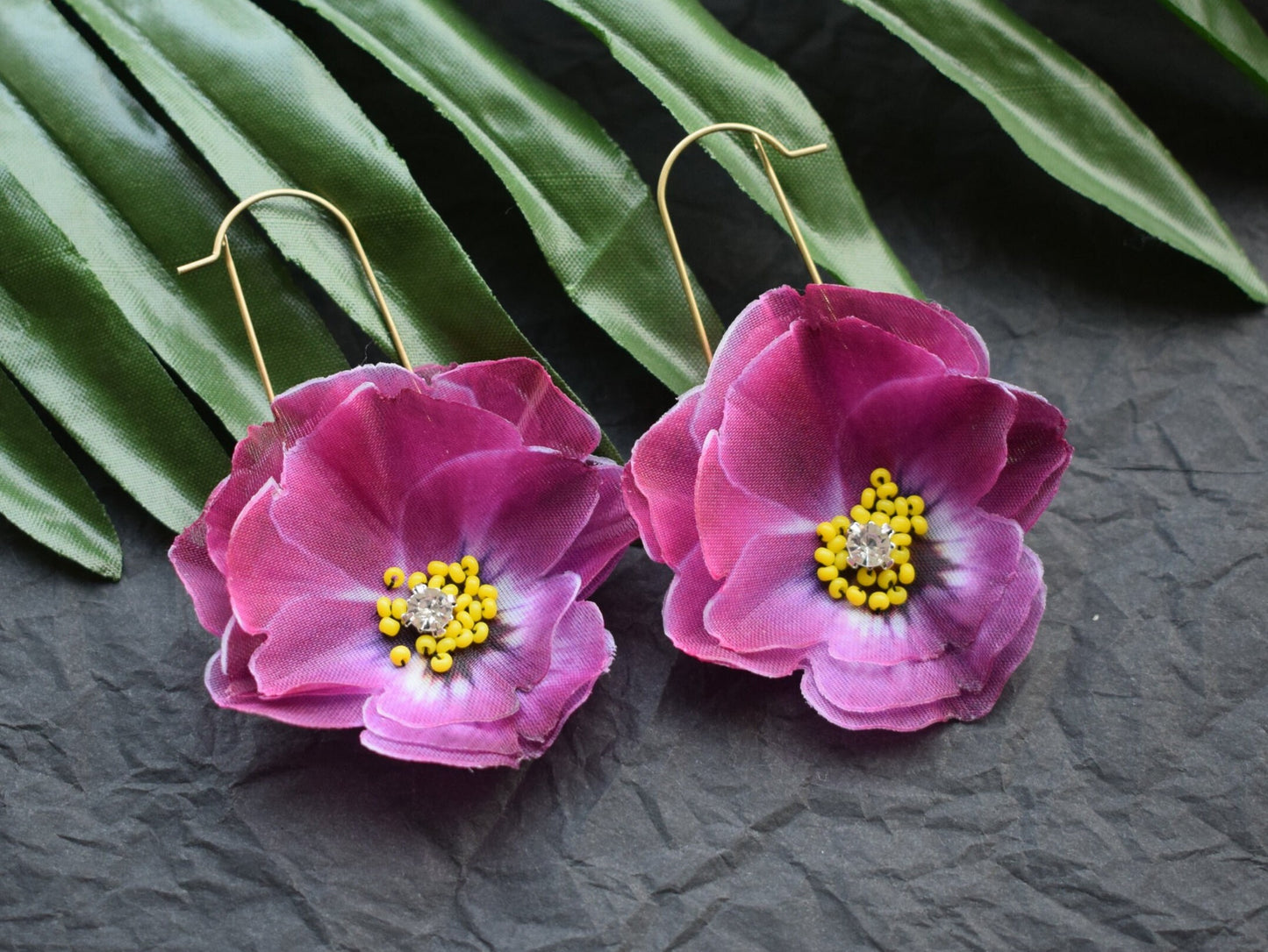 Magenta silk pansy earrings