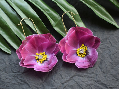 Magenta silk pansy earrings