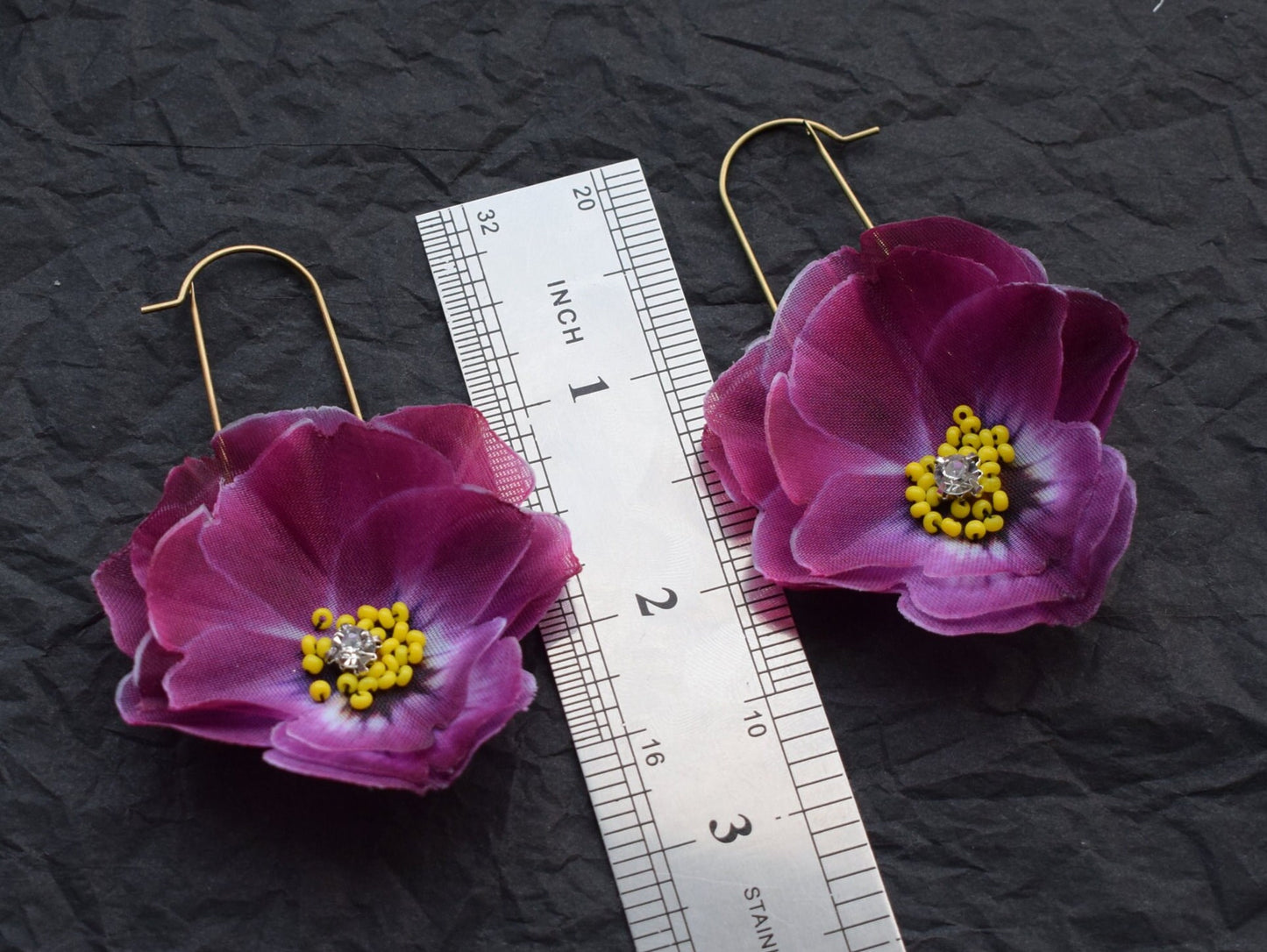 Magenta silk pansy earrings