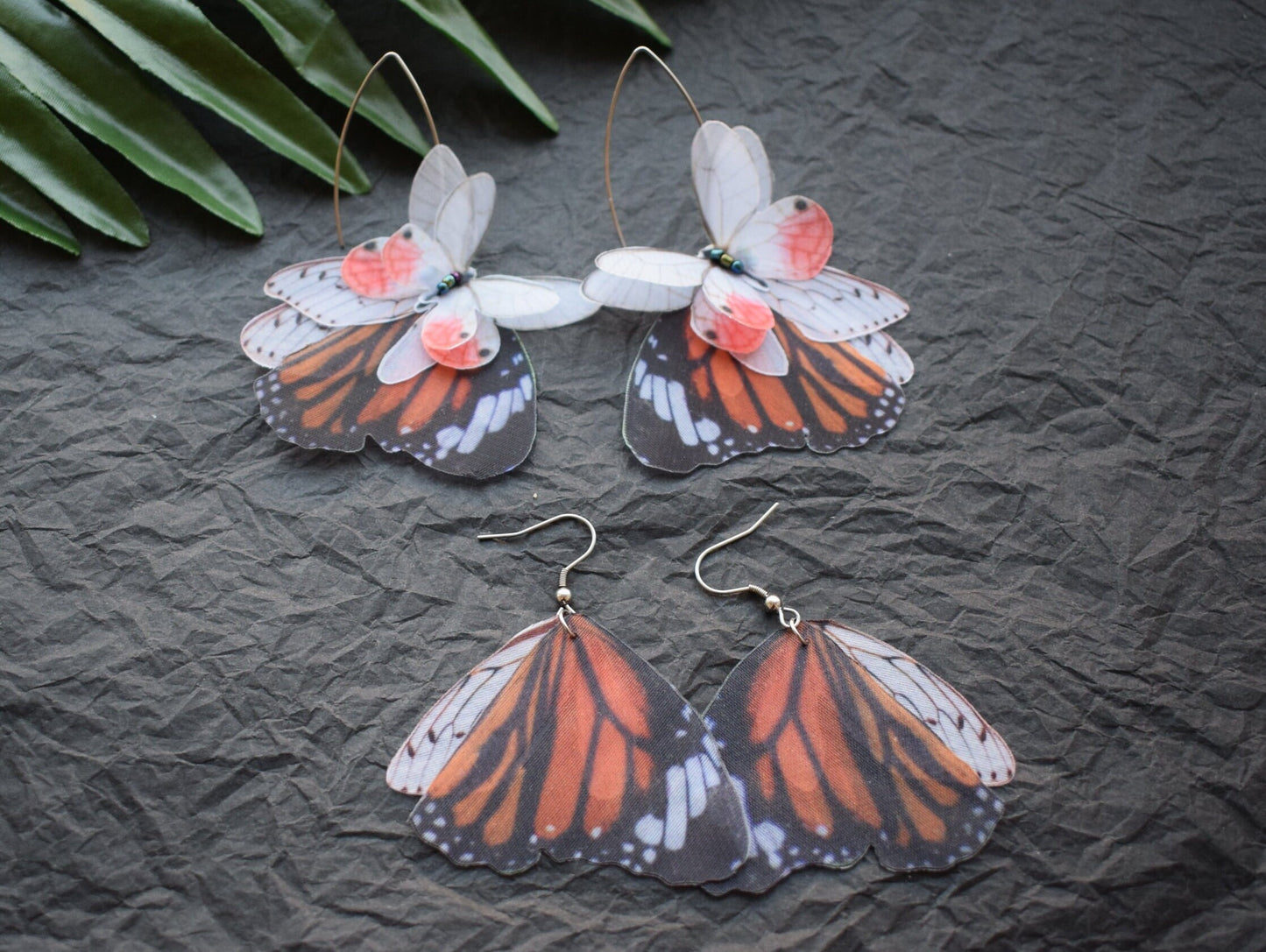 Silk Monarch butterfly drop earrings