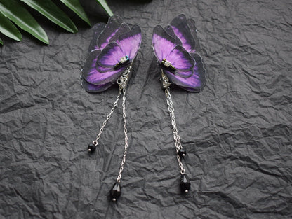 Silk blue or purple moth butterfly wings collar pins with chains