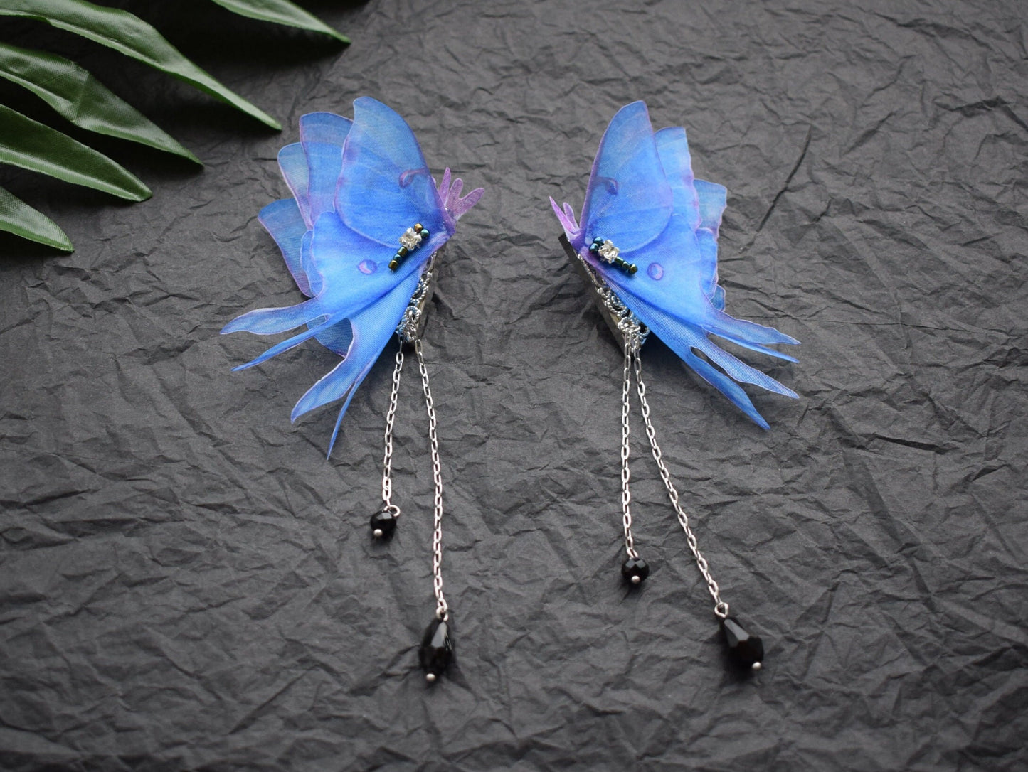 Silk blue or purple moth butterfly wings collar pins with chains