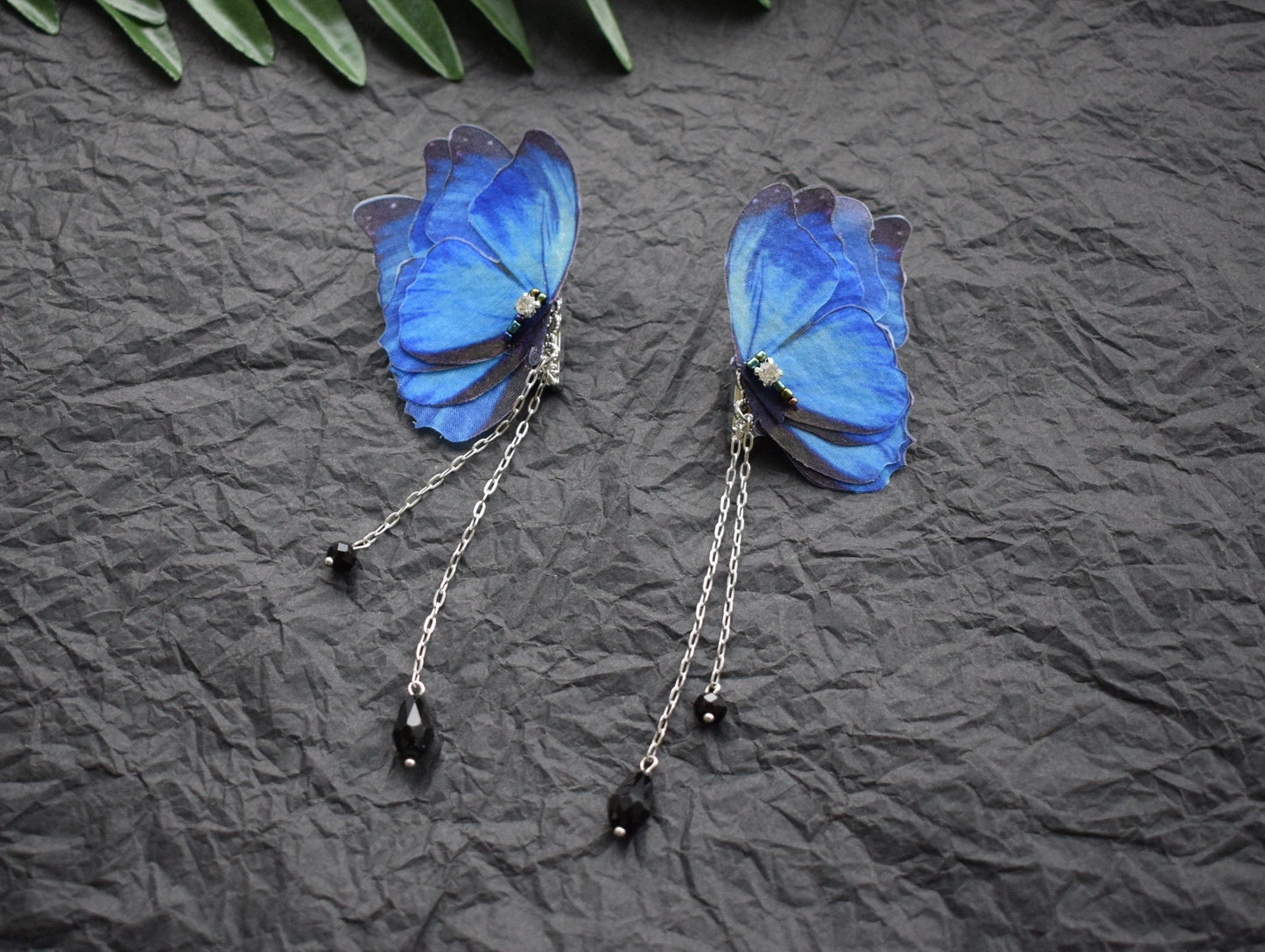 Silk blue or purple moth butterfly wings collar pins with chains