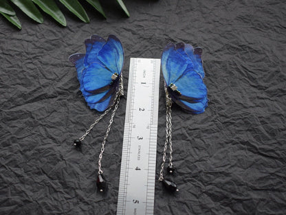 Silk blue or purple moth butterfly wings collar pins with chains