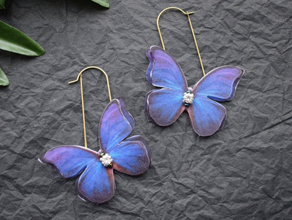 Purple Silk Butterfly Earrings on Brass Base lightweight summer jewelry for girl gift