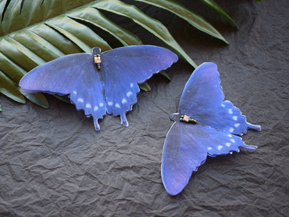 Pipevine swallowtail butterfly jewelry - Silk bright blue hair clips pins or brooch moving wings