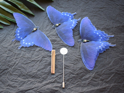 Pipevine swallowtail butterfly jewelry - Silk bright blue hair clips pins or brooch moving wings