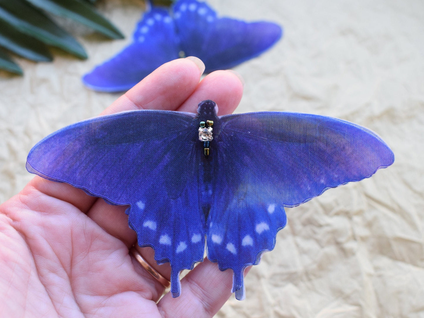 Pipevine swallowtail butterfly jewelry - Silk bright blue hair clips pins or brooch moving wings