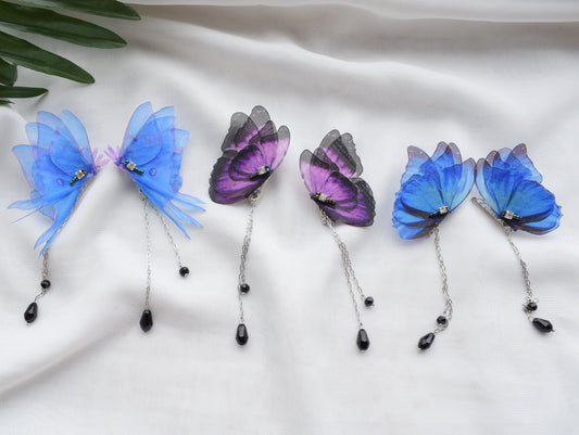 Silk blue or purple moth butterfly wings collar pins with chains