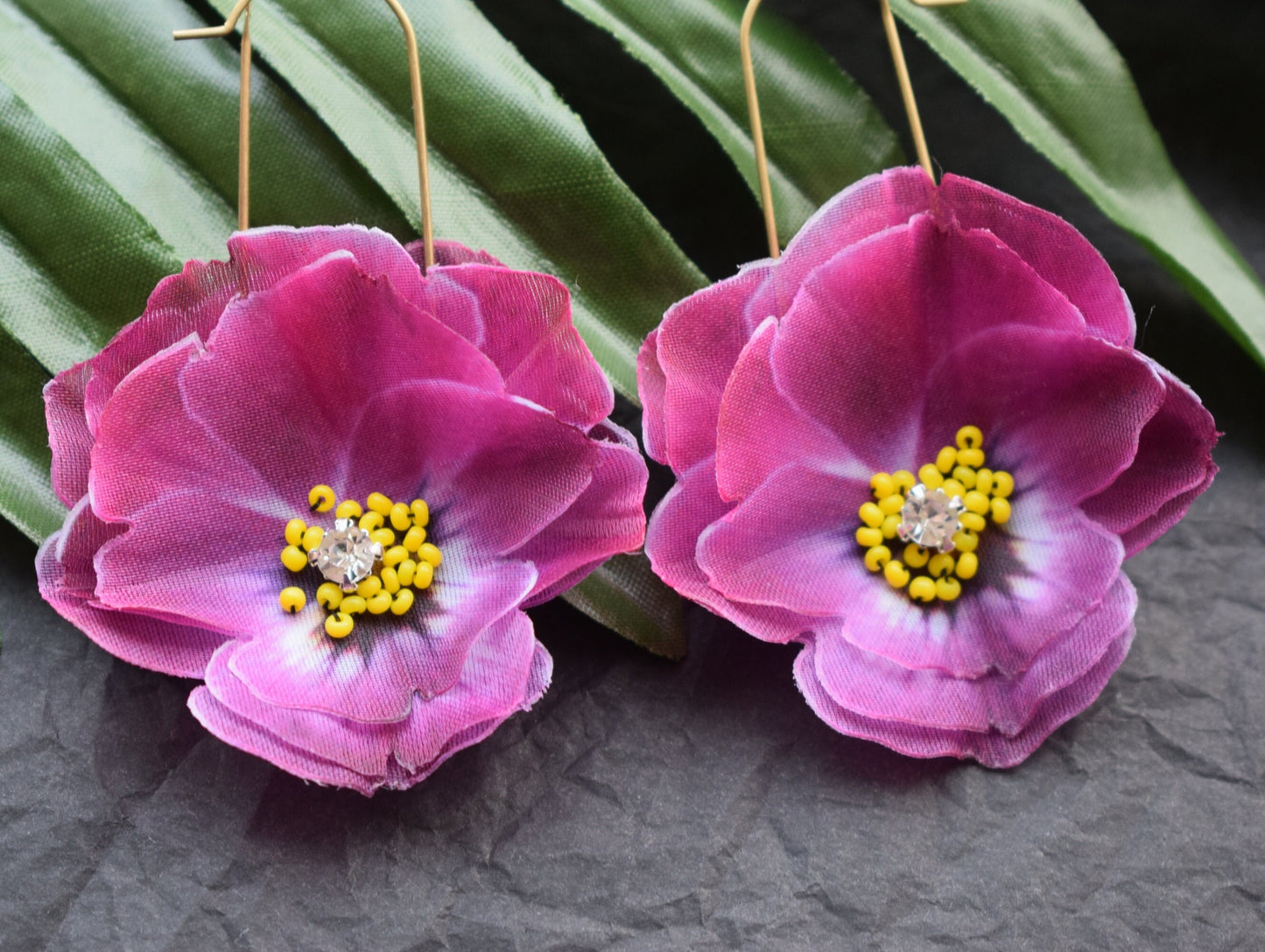 Magenta silk pansy earrings