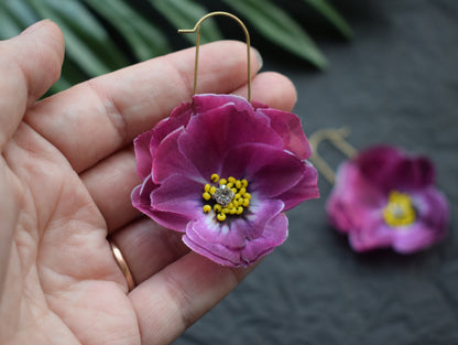 Magenta silk pansy earrings