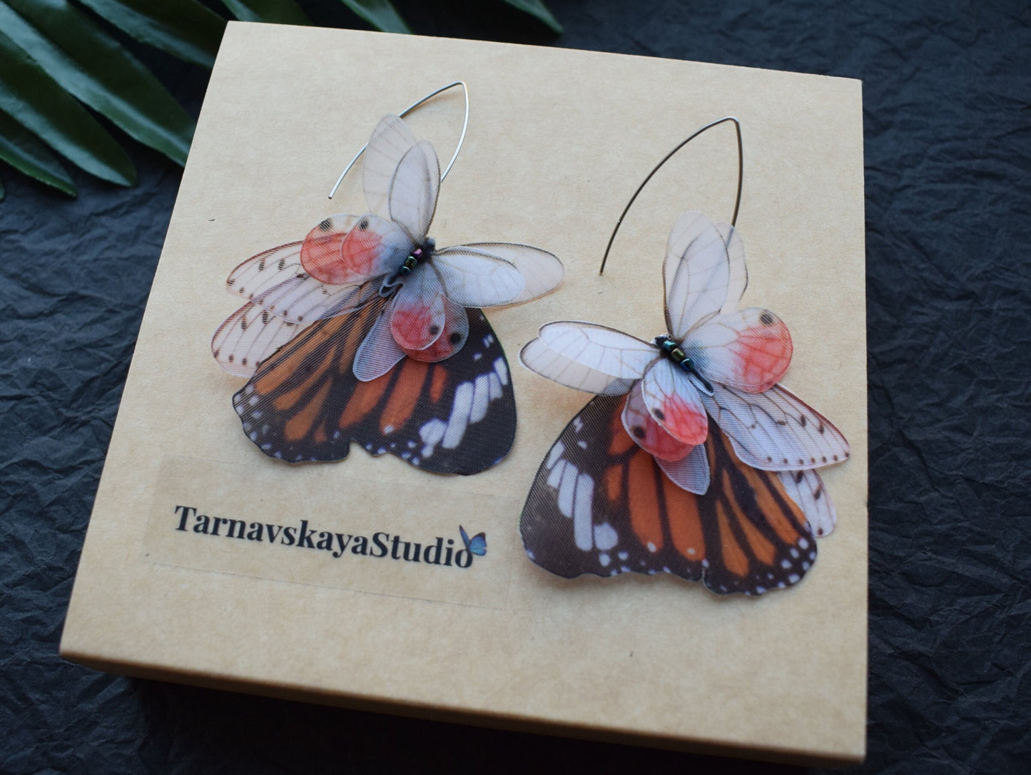 Silk Monarch butterfly drop earrings