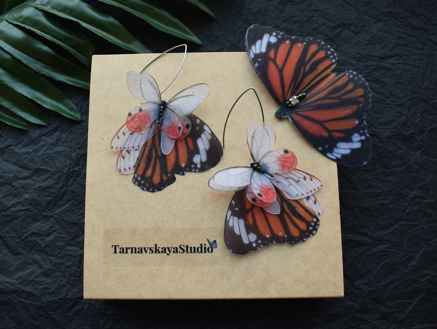 Silk Monarch butterfly drop earrings