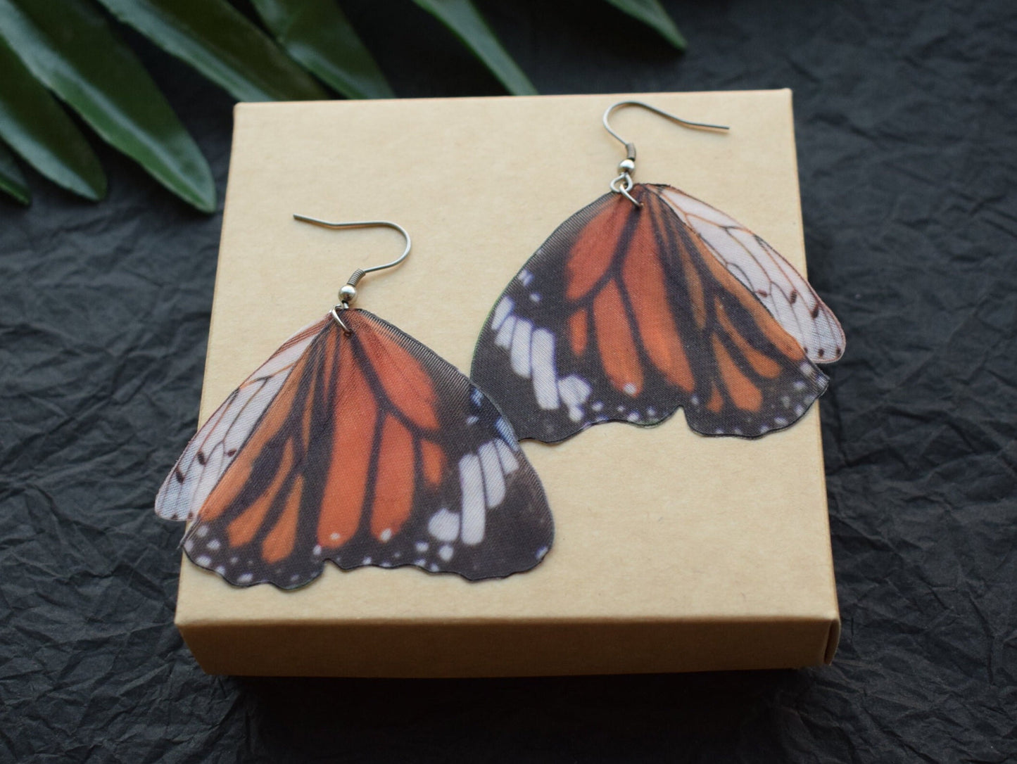 Silk Monarch butterfly drop earrings