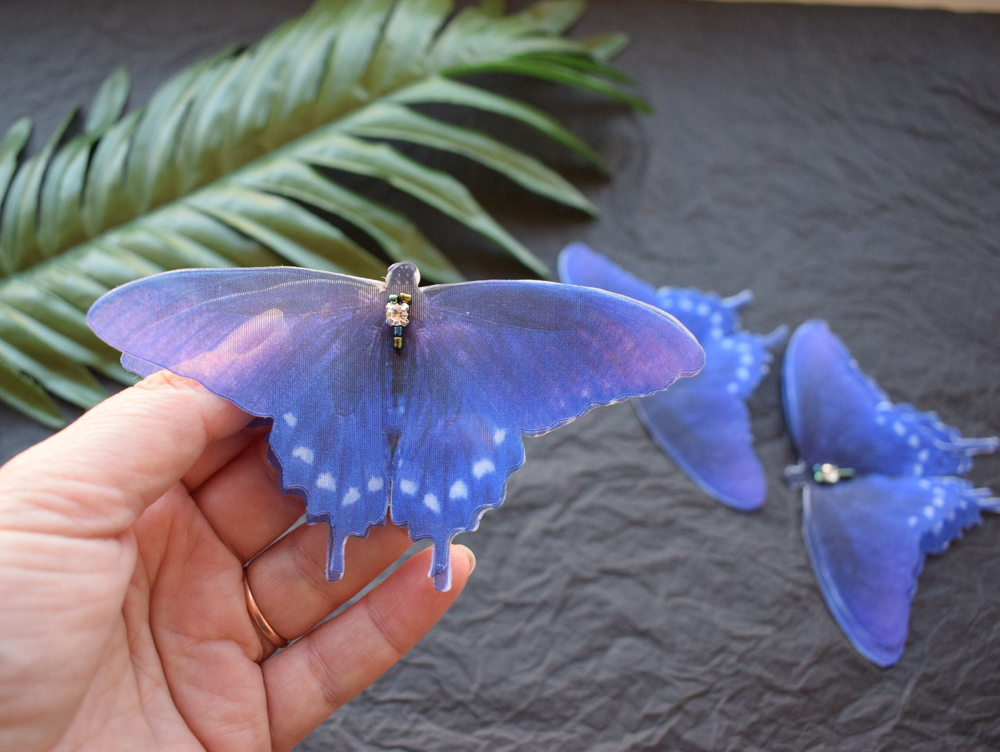 Pipevine swallowtail butterfly jewelry - Silk bright blue hair clips pins or brooch moving wings