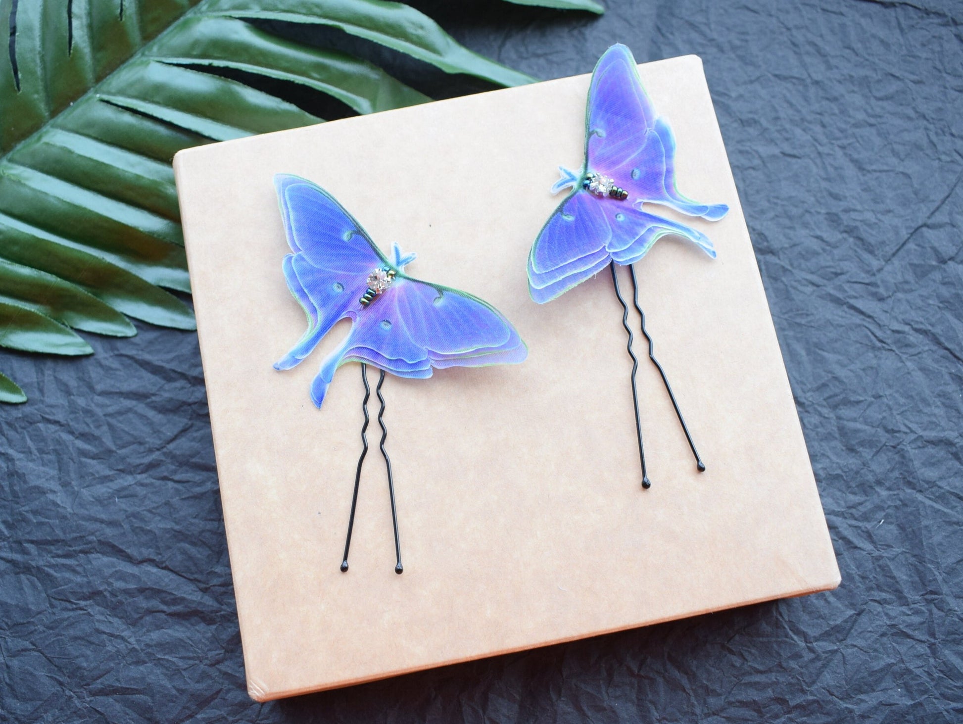 Purple luna moth hair pins layered wings silk butterfly hair accessories for women