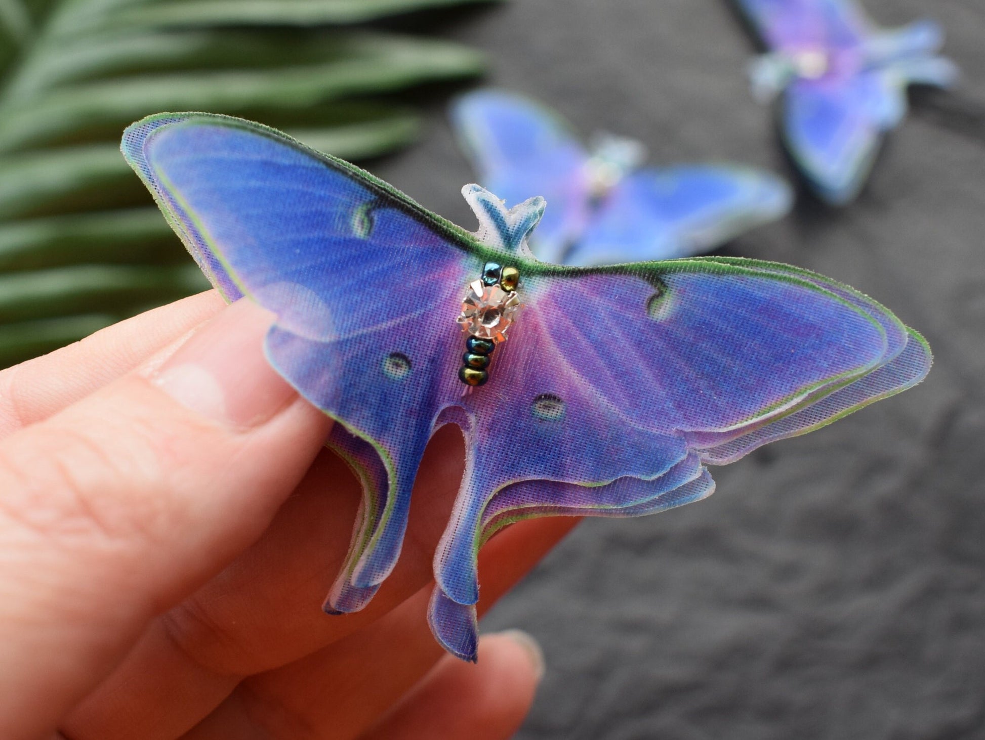 Purple luna moth hair pins layered wings silk butterfly hair accessories for women