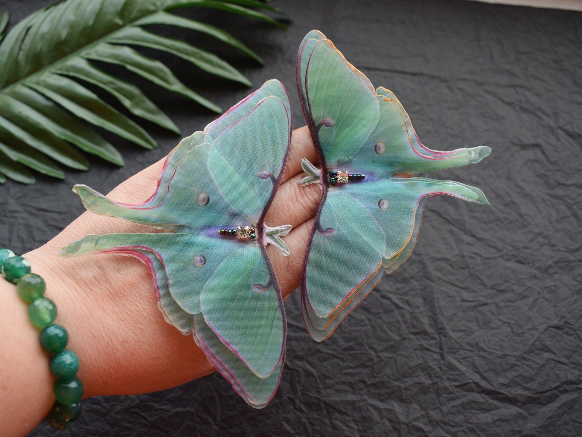 Green luna moth extra large lapel pin brooch layered wings - silk butterfly hair jewelry for women and girl