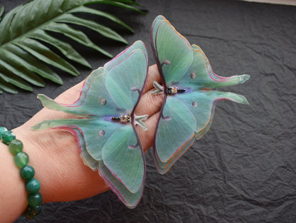 Green luna moth extra large lapel pin brooch layered wings - silk butterfly hair jewelry for women and girl