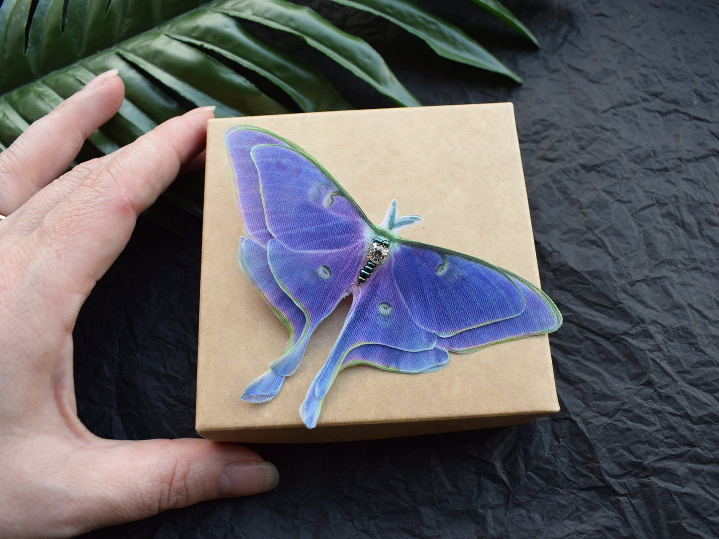 Purple luna moth silk butterfly hair clips or lapel pin brooch 3d wings jewelry for women and girl gift