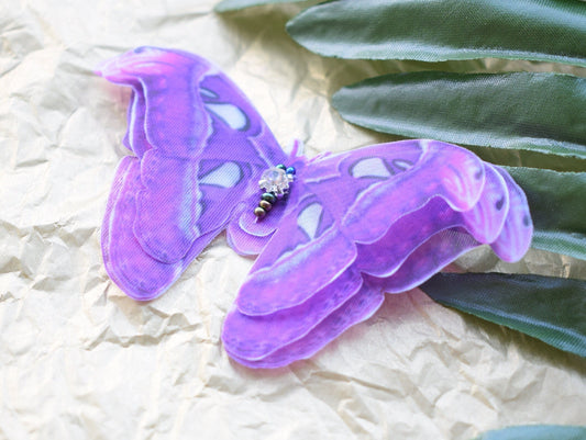 Silk purple Atlas Moth side hair clips