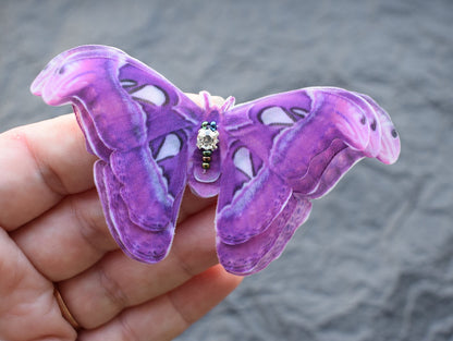 Silk purple Atlas Moth side hair clips