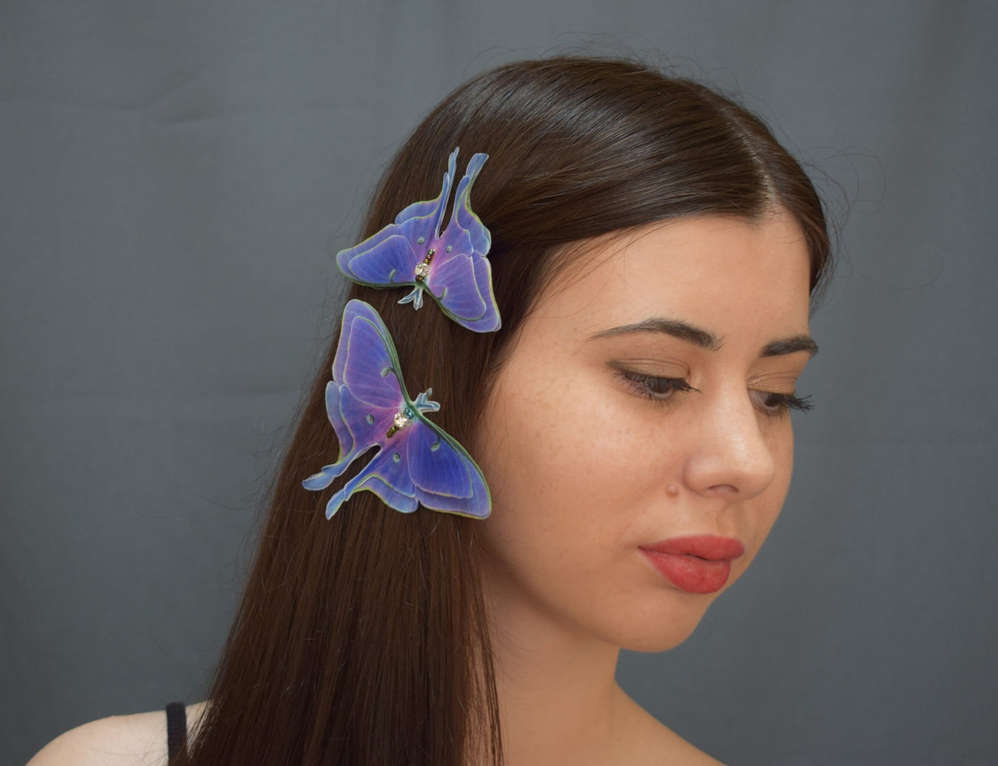 Purple luna moth silk butterfly hair clips or lapel pin brooch 3d wings jewelry for women and girl gift