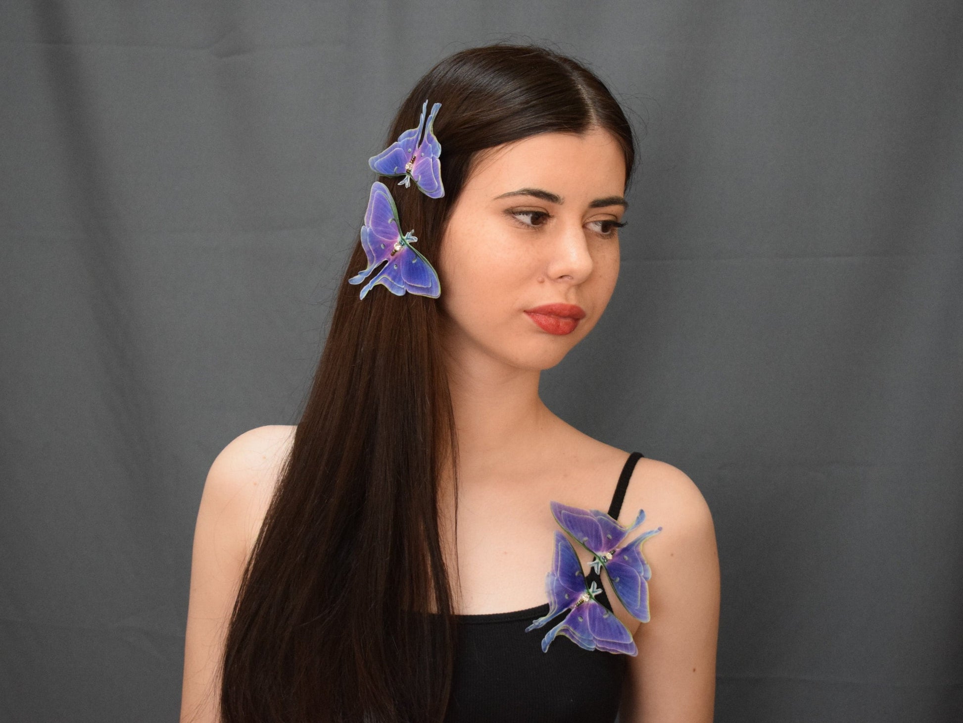 Purple luna moth silk butterfly hair clips or lapel pin brooch 3d wings jewelry for women and girl gift