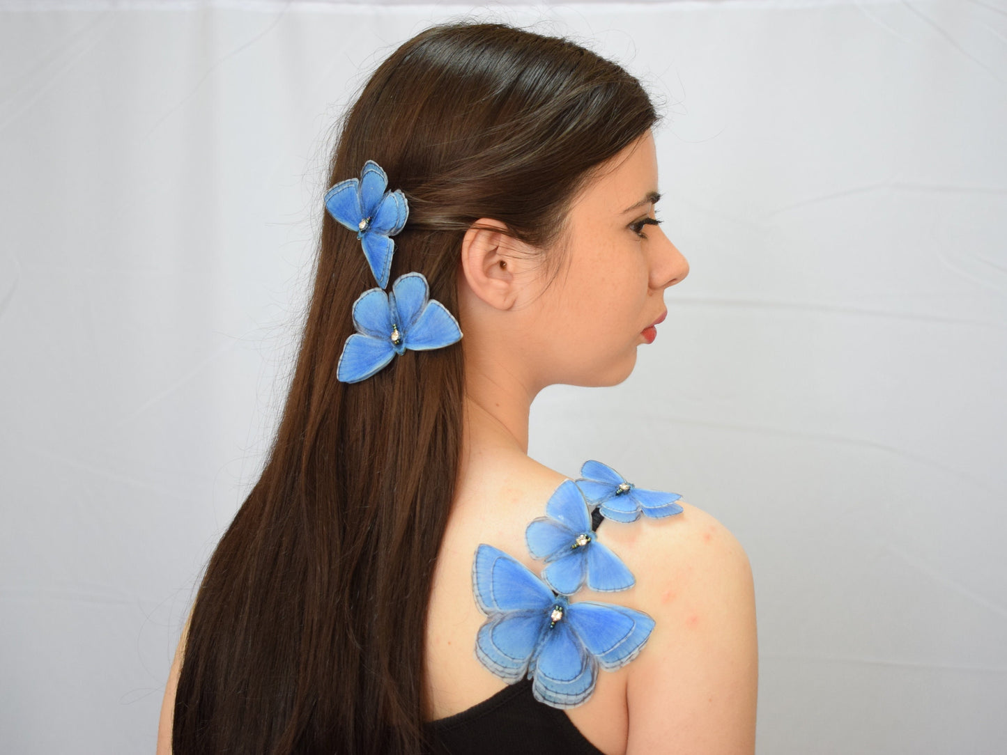 Silk blue butterfly hair clips or brooch