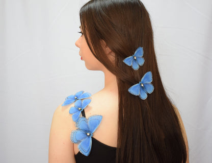 Silk blue butterfly hair clips or brooch