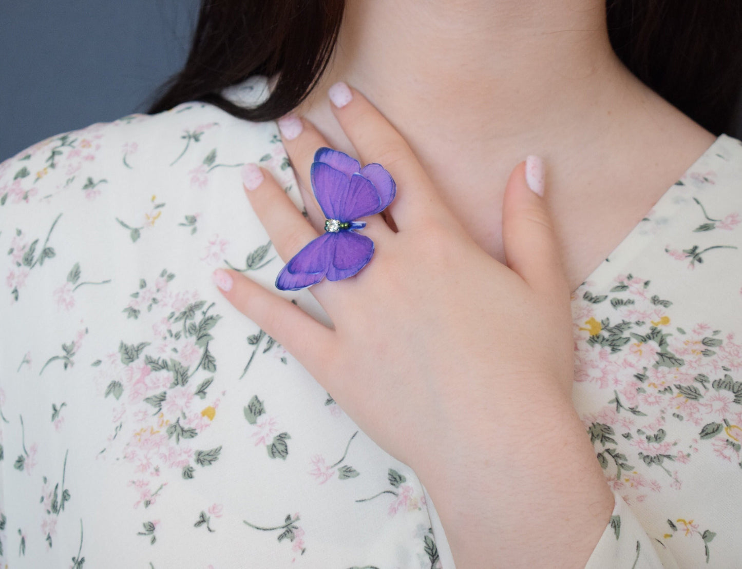 Lavender silk butterfly unique ring adjustable size