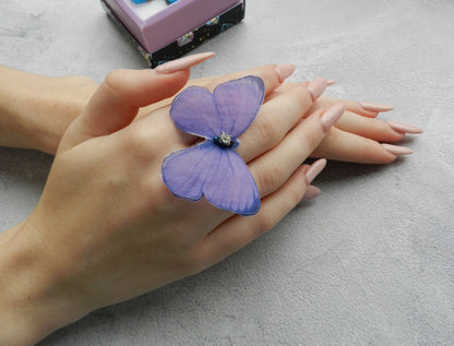 Lavender silk butterfly unique ring adjustable size