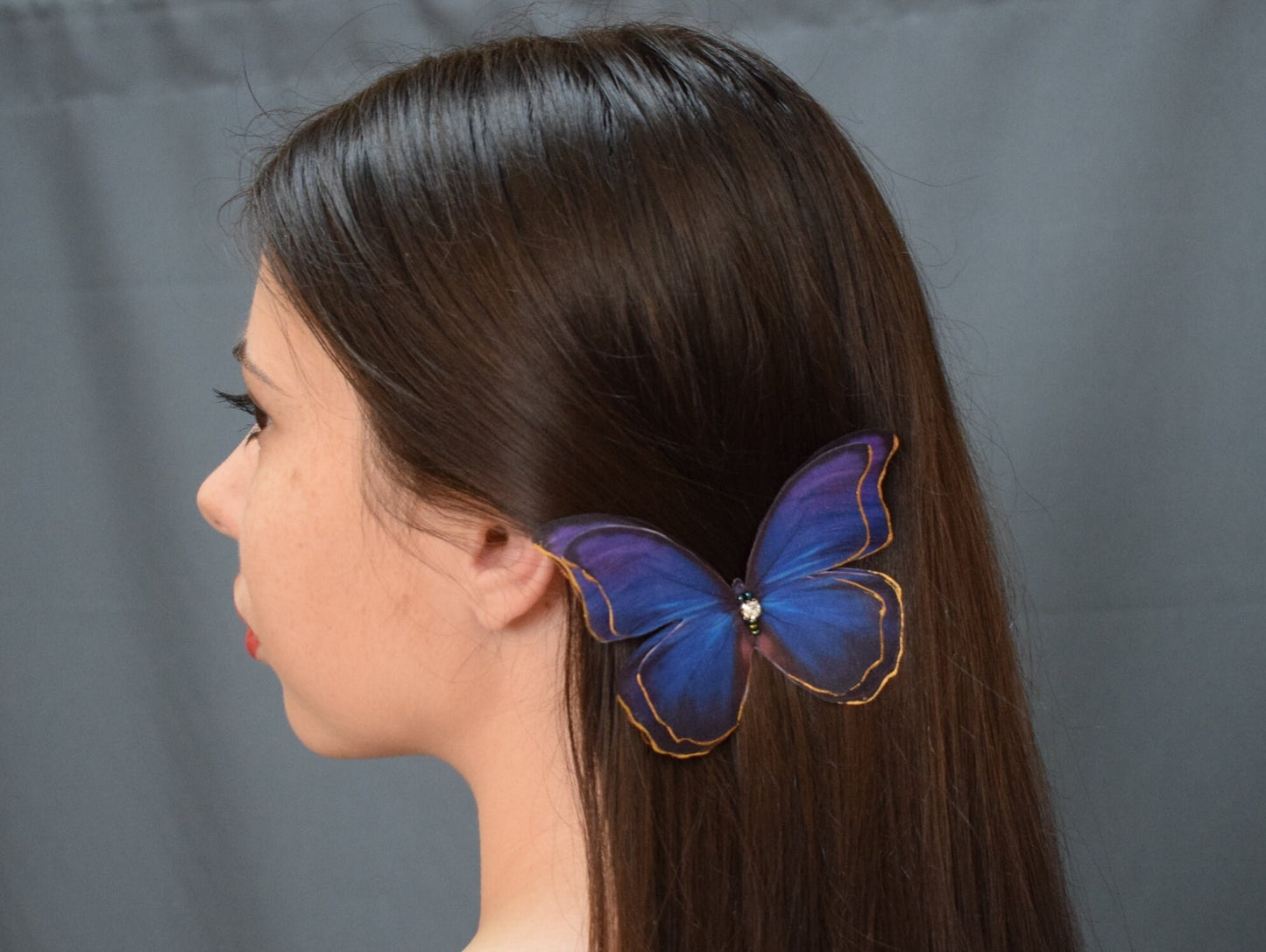 Silk butterfly bright purple hair clips or brooch