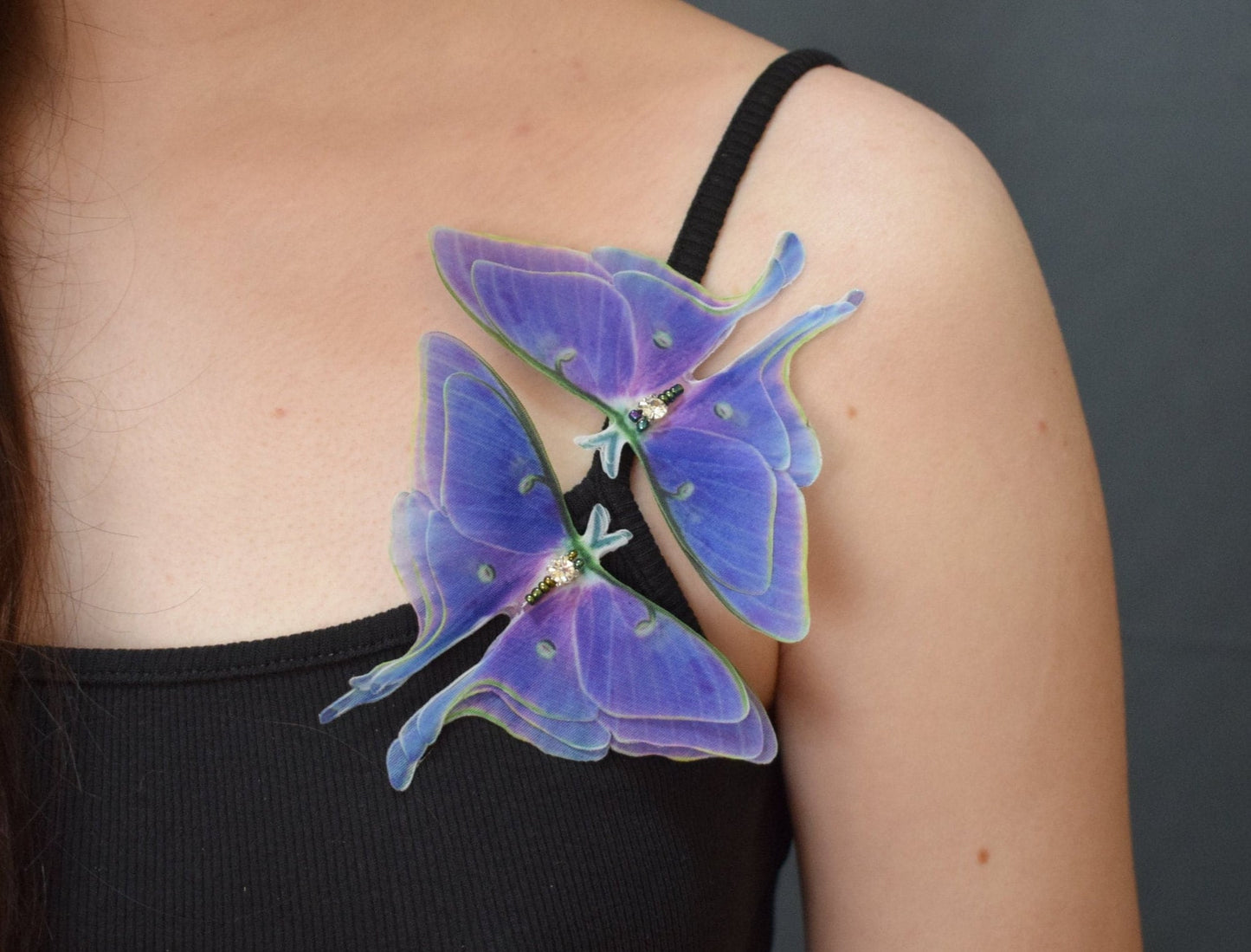 Purple luna moth silk butterfly hair clips or lapel pin brooch 3d wings jewelry for women and girl gift