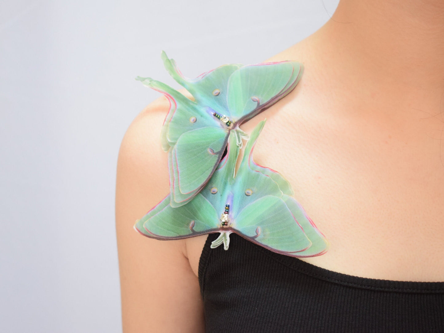 Green luna moth extra large lapel pin brooch layered wings - silk butterfly hair jewelry for women and girl