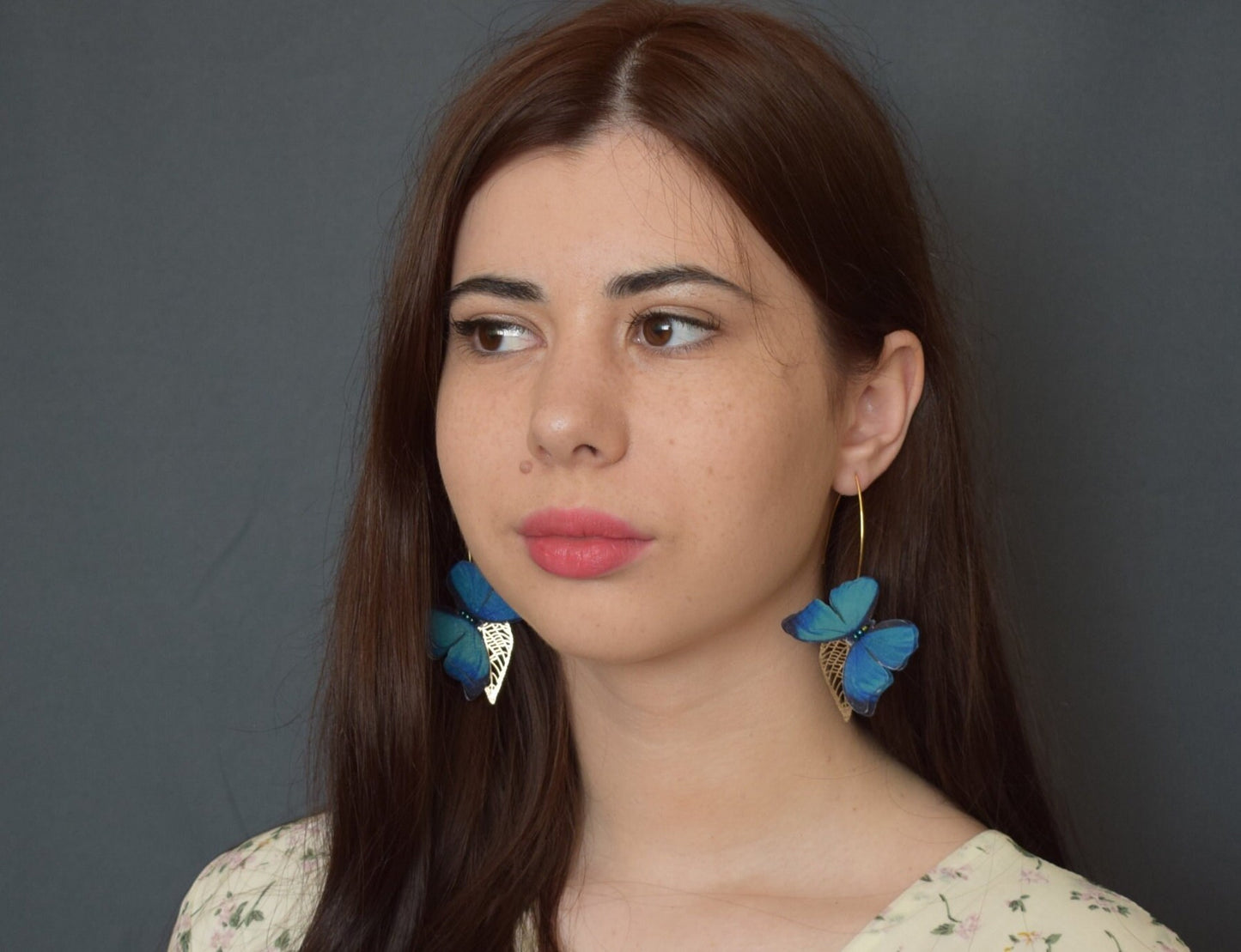 Silk blue butterflies drop earrings silver or golden leaf