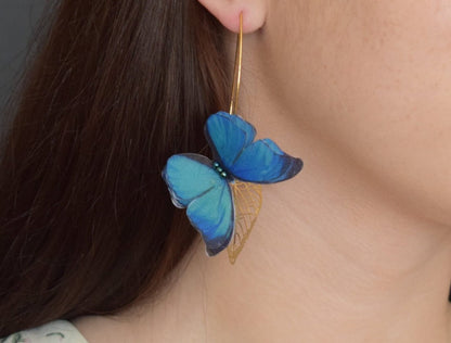 Silk blue butterflies drop earrings silver or golden leaf