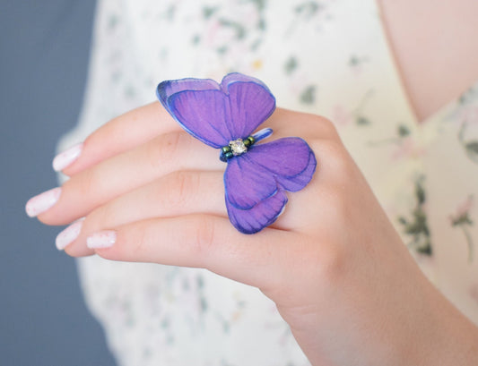 Lavender silk butterfly unique ring adjustable size