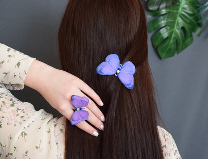 Lavender silk butterfly unique ring adjustable size