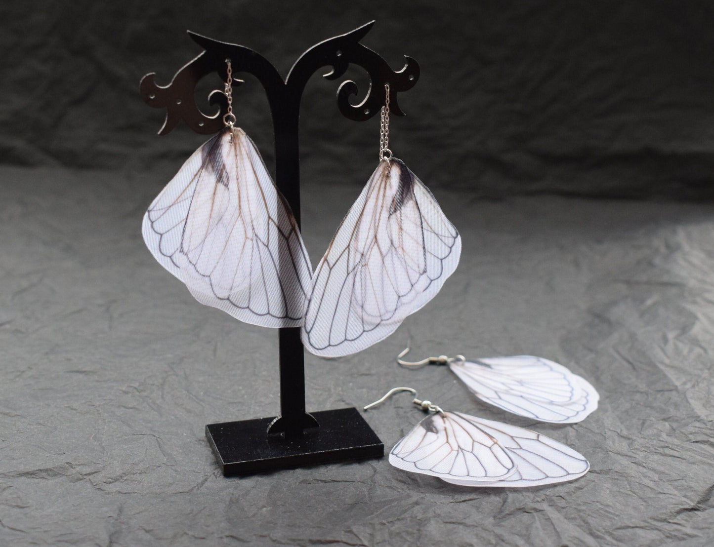 Silk dragonfly wings drop earrings