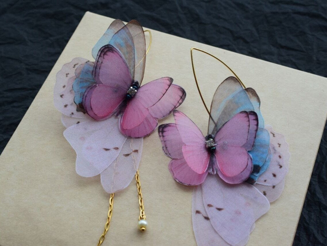 Silk butterflies drop earrings layering wings