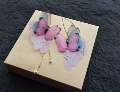 Silk butterflies drop earrings layering wings