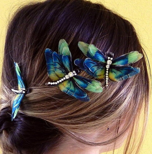 Green Silk Dragonfly Hair Pin