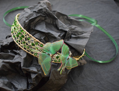 Luna moth hair crown green crystals and gold wire