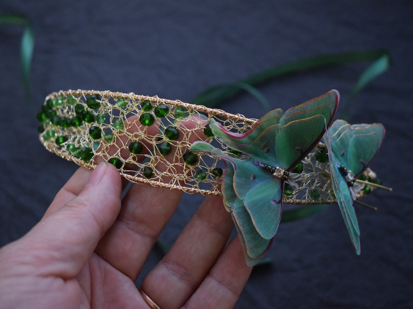 Luna moth hair crown green crystals and gold wire