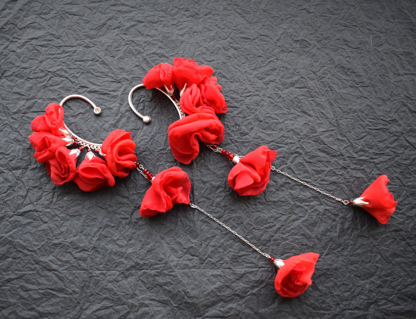 Ear cuff no piercing red silk flowers