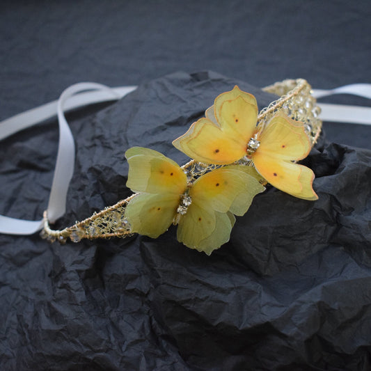 Yellow silk butterflies hair crown golden crystals and wire