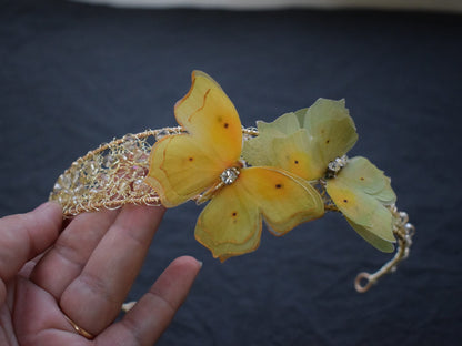 Yellow silk butterflies hair crown golden crystals and wire